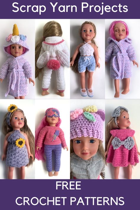 Free crochet patterns to make adorable dolls clothes with leftover scrap yarn. Crochet Patterns For Dolls, Crochet Doll Clothes Free Pattern, Crochet Doll Clothes Patterns, American Girl Crochet, Baby Doll Clothes Patterns, Crochet Doll Dress, Doll Clothes Patterns Free, Crochet Barbie Clothes, American Girl Doll Clothes Patterns