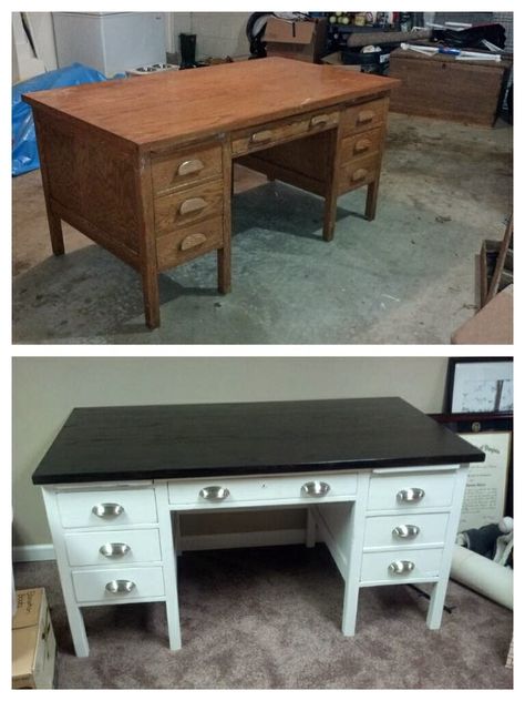 Refurbished Desk, Desk Makeover Diy, Desk Redo, Teacher's Desk, Painted Desk, Desk Inspiration, Desk Makeover, Teacher Desk, Furniture Rehab