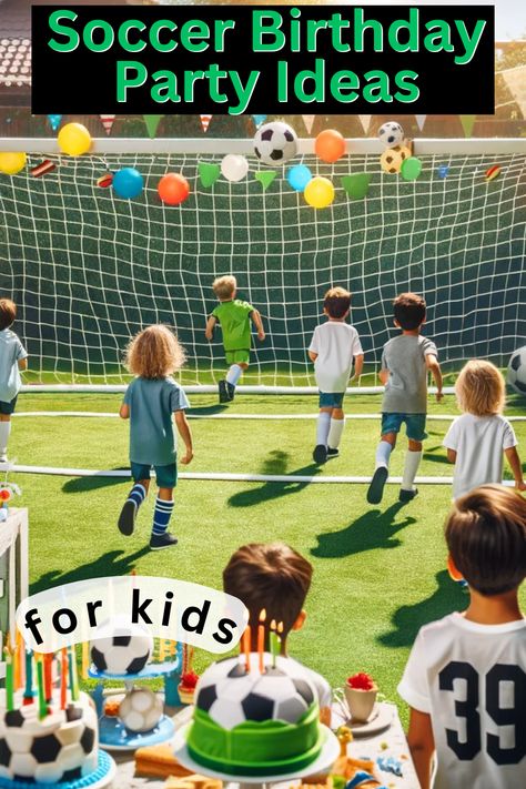 A pin about tips and ideas on how to host a soccer birthday party. Soccer Game Birthday Party, Soccer Birthday Party Activities, Birthday Soccer Theme, Soccer Party Games Activities, Soccer Birthday Games, Soccer Birthday Party Ideas Decorations, Soccer Party Games For Kids, Soccer Birthday Party Games, Soccer Party Games