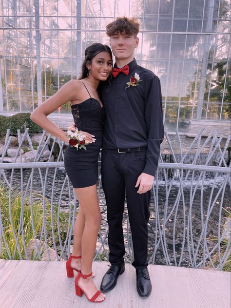 Black Dress With Red Heels, Dress With Red Heels, Black Dress Red Heels, Black Suit Red Tie, White Hoco Dress, Guys Prom Outfit, Black Hoco Dresses, Hoco Dresses Red, All Black Suit