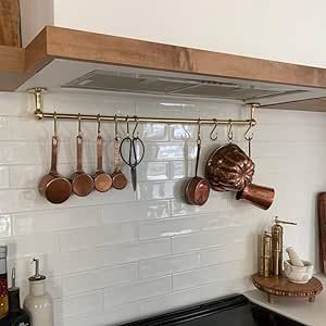 NUFGV Unlacquered Brass Pot Rail with S' Hooks, Unlacquered Brass Pot Rack Vintage Handmade Gold Brass Pot Rack Rustic Wall Mounted (48 inches) Brass Pot Rail, Pot Rail, Kitchen Rails, Multifunctional Room, Pot Racks, Brass Pot, Kitchen Diy Makeover, Pot Rack, Hanging Pots