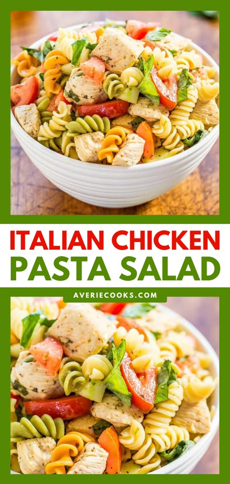 Italian Chicken Pasta Salad - Averie Cooks Pasta Salad Sauce, Italian Chicken Pasta Salad, Cucumber Basil, Italian Chicken Pasta, Averie Cooks, Salad Pasta, Salad Sauce, Chicken Pasta Salad, Easy Pasta Salad