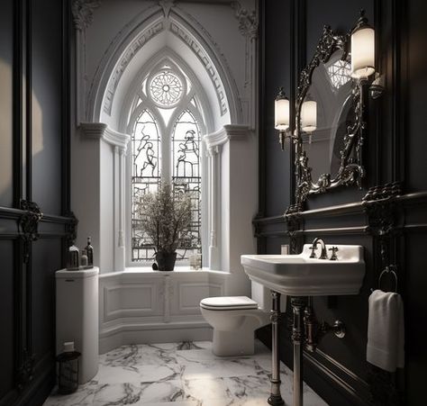 Gothic Glam Bathroom, Modern Gothic Style Home Interior Design, Dark Home Decor Apartment, White Gothic Bathroom, Victorian Gothic Bathroom Ideas, White Goth Home Decor, Black Victorian Bathroom, Gothic Princess Bedroom, Gothic Victorian Homes Interior