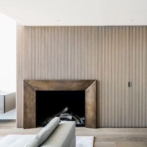 ALL Design Studio on Instagram: “FLUTED PANELLING | Bronze fireplace set against that stripped background looks so good, and the panelling is so great to to conceal…” Contemporary Fireplace Designs, Timber Panelling, Chimney Breast, Contemporary Fireplace, Fireplace Surround, Diy Fireplace, Modern Fireplace, Fireplace Wall, Fireplace Design