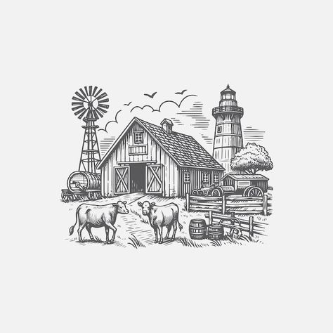 Hand Drawn Farm Illustration Vintage Farm Art, Garden Vector Illustration, Farm Drawing Ideas, Farm Drawing Easy, Farmhouse Illustration, Farm Sketch, Barn Illustration, Farm Drawing, Farm Illustration