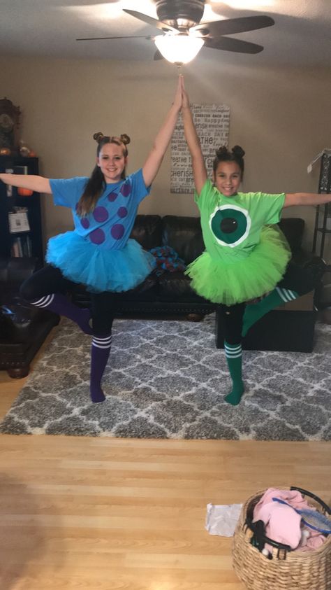 Mike and Sully Halloween costumes. Mike Wazowski And Sully Costume Bff, Sully Halloween Costume Diy, Monsters Inc Costume Ideas, Two Girls Halloween Costume Ideas, Diy Mike And Sully Costume, Mike And Sully Costume Best Friends, Diy Mike Wazowski Costume Women, Mike Sully And Boo Costumes, Mike And Sully Halloween Costumes