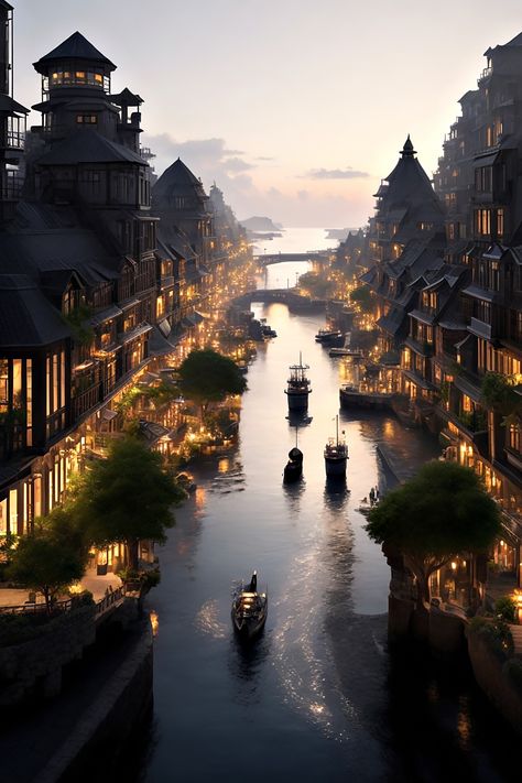 Fantasy Trade City, Canal City Fantasy Art, Fantasy City Art, Fantasy Cities, Fantasy Settings, Fantasy City, Fantasy Setting, Fantasy Places, Modern Fantasy