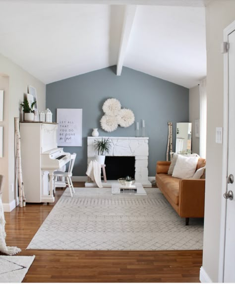 White Living Room Walls, Blue Accent Wall Living Room, Leather Couch Living Room Decor, Leather Couch Living Room, Blue Walls Living Room, Grey Accent Wall, Living Room Wall Color, Blue Accent Walls, Light Blue Walls