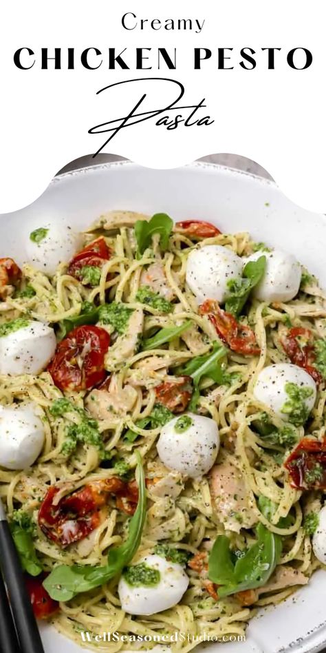 Creamy, cheesy, and tastes like summer! Chicken pesto pasta is a staple in our kitchen. Roasted cherry or grape tomatoes get tossed with pesto sauce, mascarpone, rotisserie chicken, and bocconcini (little mozzarella balls!) for a quick weeknight pasta dish that is packed with flavor! #chickenpesto #pasta #pestopasta #delicious @wellseasonedstudio | wellseasonedstudio.com Chicken Pesto Pasta, Creamy Pesto Chicken Pasta, Weeknight Pasta, Creamy Pesto Pasta, Homemade Pesto Sauce, Mozzarella Pasta, Mozzarella Balls, Summer Chicken, Pasta Pesto