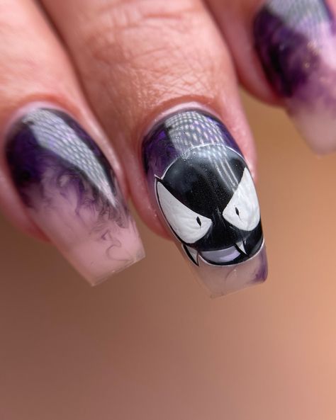 These Pokémon nails were so fun to paint!  I love that they weren't the usual cutesy ones (which I also love to paint obviously)  😆 Swipe across to see more! Including the fun smoke effect I created on the other nails!  #gastly #pokemon #pokémon #pokemonnails #haunter #haunternails #gottacatchemall #teamrocket Pokemon Nails Art, Umbreon Nails, Pokemon Nails Designs, Gengar Nails, Pokemon Nail Art, Nerd Nails, Pikachu Nails, Pokemon Nails, Nerdy Nails