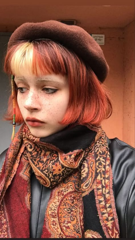 Orange Short Hair Aesthetic, Red Blonde Hair Color Ideas, Woman With Sharp Features, Unusual Hairstyles For Women, Outfits For Blue Hair, Whimsical Haircut, Funky Bangs, Person Looking To The Side, Emily Riboflavin