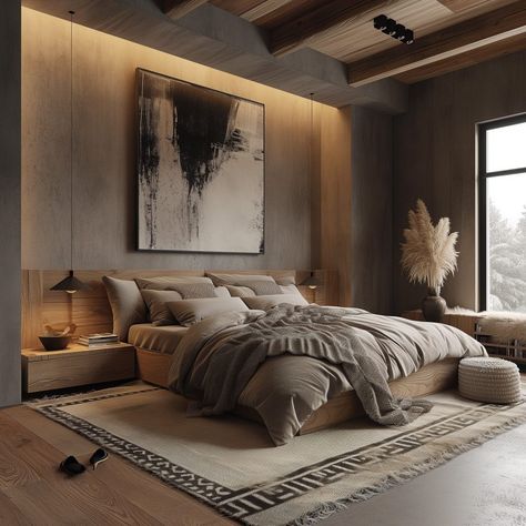 Modern Asian Interior Design Bedroom, Contemporary Modern Bedroom Design, Luxury Japanese Bedroom, Japandi Mens Bedroom, Luxury Japandi Bedroom, Asian Zen Interior Design Bedroom, Chocolate Brown Bedrooms, Brutalist Interior, Male Bedroom Ideas