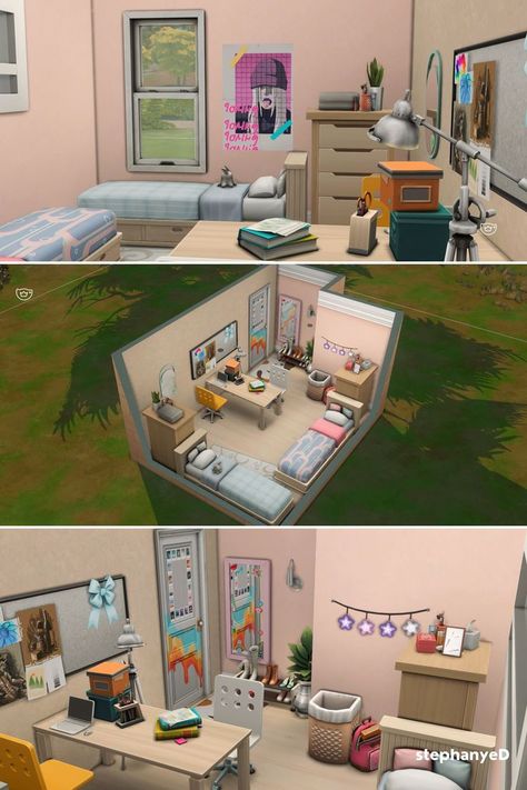 This is Student Bedroom is built in The Sims 4. This room is in Dorm House for High School Student Ts4 University Dorm, Sims 4 University Dorm Room, Sims University Dorm, Sims 4 Dorm Room Ideas, Sims Dorm Room, Ts4 University, Sims 4 Student House, Sims 4 College Dorm, Sims 4 University Dorm