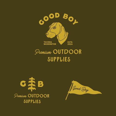 I designed the brand identity for Good Boy. The logo, featuring a playful yet rugged illustration of their dog, is complemented by earthy tones and typography that evoke the natural beauty of the region. This identity perfectly encapsulates the company's ethos of providing premium outdoor supplies for those who cherish the great outdoors with their "good boy" by their side. Rugged Graphic Design, 3d Packaging, Outdoor Store, Good Boy, Canine Companions, Outdoor Brands, Great Outdoors, Earthy Tones, Graphic Design Art