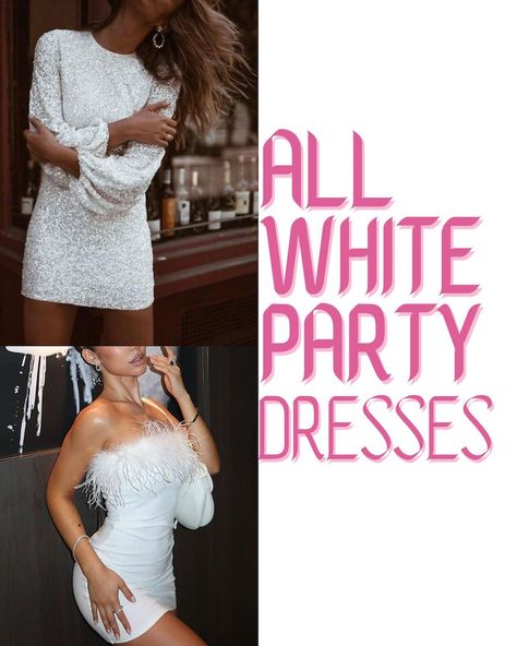 37 All White Outfit Ideas For Parties & Rushes - ljanestyle White Out Party Outfit, White Night Outfit, White Theme Party Outfit, Unique White Dress, All White Outfit Ideas, White Semi Formal Dress, Party Outfit Formal, Recruitment Dresses, White Christmas Outfit