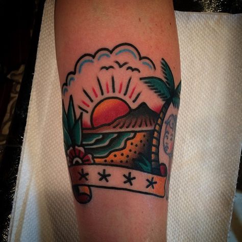 beach traditional tattoo bright color Tropical Tattoo, Hawaii Tattoos, Traditional Style Tattoo, Palm Tattoos, Tattoos For Women Half Sleeve, Tree Tattoo Designs, Palm Tree Tattoo, Hawaiian Tattoo