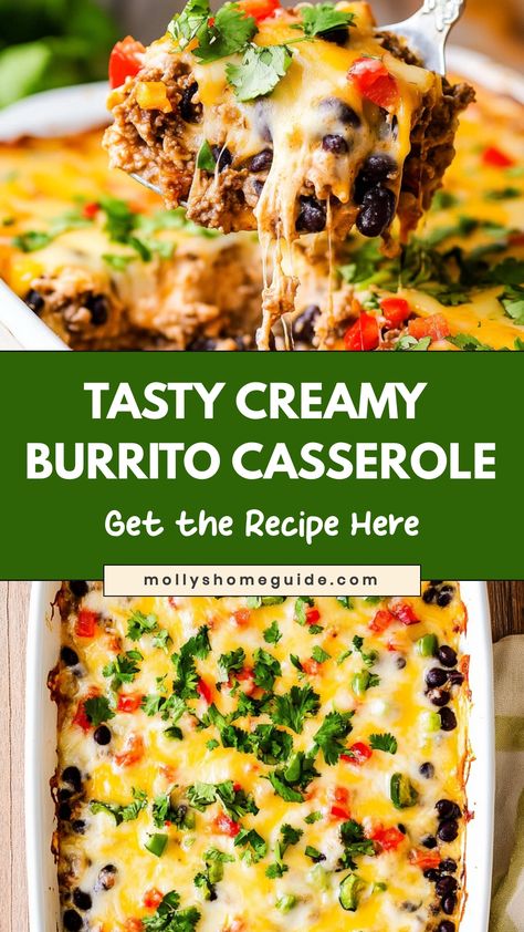 Indulge in the ultimate comfort food with this creamy burrito casserole recipe that will become a family favorite. Layers of seasoned ground beef, gooey cheese, hearty beans, and soft tortillas are baked to perfection for a delicious and satisfying meal. Whether you're looking for an easy weeknight dinner or a crowd-pleasing dish for gatherings, this creamy burrito casserole is sure to impress. Layered Burrito Casserole, Big Meals For Leftovers, Burrito Bake Casserole, Burrito Bake Recipe, Chicken Burrito Casserole, Southwestern Casserole, Burrito Casserole Recipe, Burrito Bake, Creamy Burrito Casserole