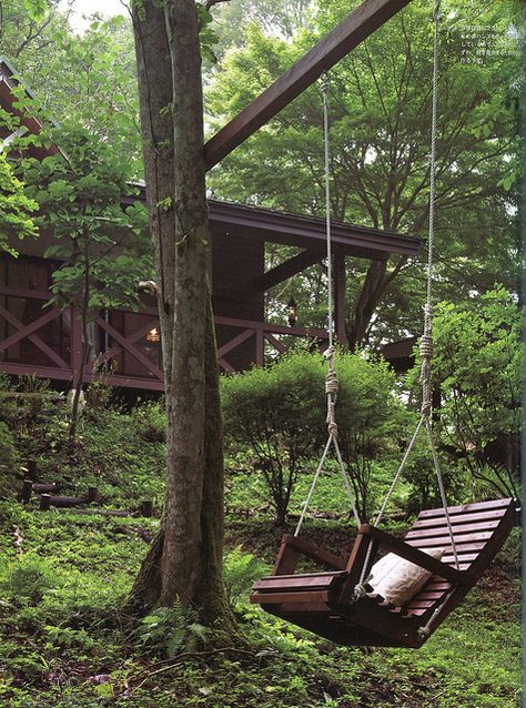 Perfect quiet reading spot!  I so wish I was here now.  At least I can be in my mind... Backyard Swings, Swing Chair, Cabins In The Woods, Ok Ru, Porch Swing, Dream Garden, Garden And Yard, My Dream Home, A Tree