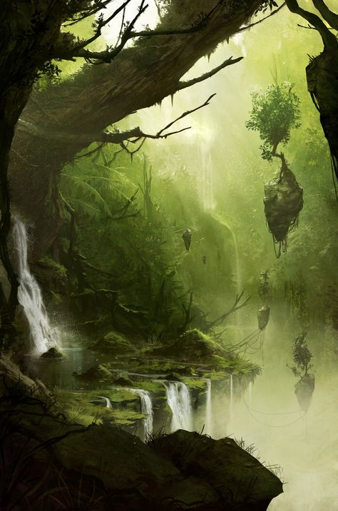 Forest with floating stuff, Pascal Quidault on ArtStation at https://www.artstation.com/artwork/9LkdW Fey Forest, Forest Elf Aesthetic, Fantasy Jungle, Mythical Forest, Forest Kingdom, Fantasy Aesthetics, Forest Elf, Fantasy Forest, Fantasy Places