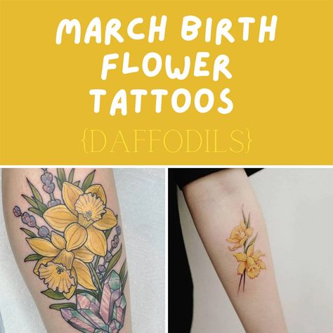 25 March Birth Flower Tattoos {Daffodils} March Birthday Symbols, March Birth Flower Tattoo With Name, Daffodil Tattoos For Women, Tattoo Daffodil, March Flower Tattoo Birth Month, March Tattoo Ideas Birth Month, Daffodil Tattoo Color, Daphadil Flower Tattoo, March Birth Flower Tattoo Daffodils