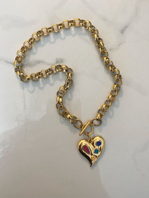 Heart Necklace, Gold Heart Necklace, Gold Chunky, Rolo Chain Necklace, Retro Aesthetic Jewelry, Toggle Necklace With Heart - Etsy Statement Necklace Outfit, Chunky Jewelry Necklace, Chunky Gold Jewelry, Heart Necklace Gold, Chunky Gold Necklaces, Necklace Outfit, Necklace With Heart, Aesthetic Jewelry, Toggle Necklace