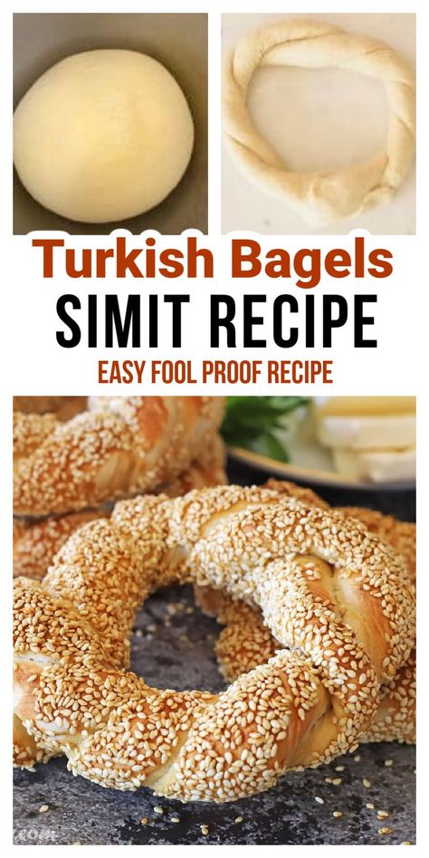 Braided bagels with sesame seeds with Pinterest overlay. Bread Recipes Whole Wheat, Turkish Simit Recipe, Simit Bread, Molasses Syrup, Turkish Simit, Simit Recipe, Homemade Bagel Recipe, Bread Rustic, Bread Dutch Oven