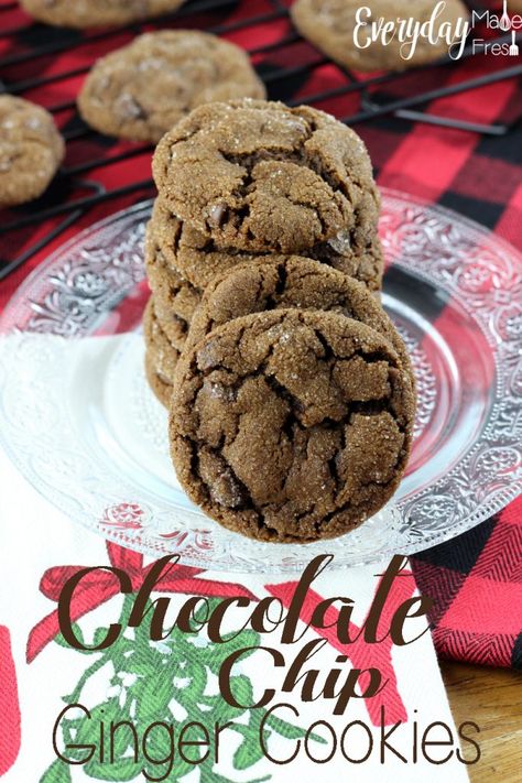 Chocolate chips stuffed inside of a cocoa ginger batter make these Chocolate Chip Ginger Cookies a holiday staple! | EverydayMadeFresh.com Soft Ginger Cookies, Cookies With Chocolate Chips, Ginger Chocolate, Baker By Nature, Cookies With Chocolate, Ginger Cookies, Christmas Breakfast, Best Dessert Recipes, Cookies Recipes Chocolate Chip