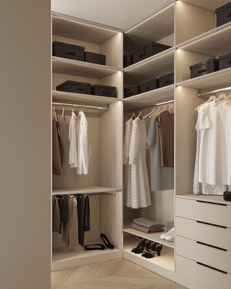 OSOME_NEBO on Behance Beige Walk In Closet, Wall In Wardrobe, Minimal Closet Design, Wardrobe Room Design, Walk Thru Closet To Bathroom, Walk In Wardrobe Luxury, Taupe Closet, Walk Through Wardrobe, Walk In Closet Designs Layout