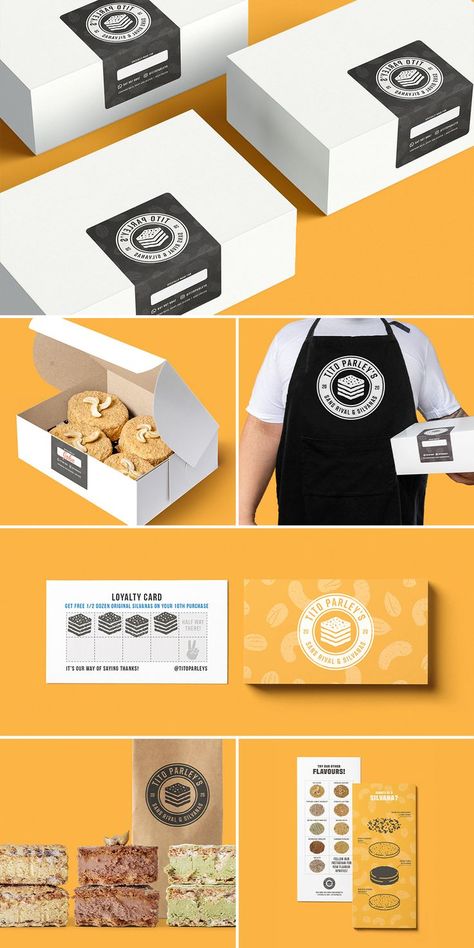 Moodboard consisting of a Tito Parley's black and yellow packaging box, Apron, business cards, menu cards, and supporting brand collateral. Bakery Branding Logo, Shop Branding Design, Bakery Branding Design, Bakery Packaging Design, Dessert Logo, Graphic Designer Studio, Cake Branding, Bakery Business Cards, Shop Branding