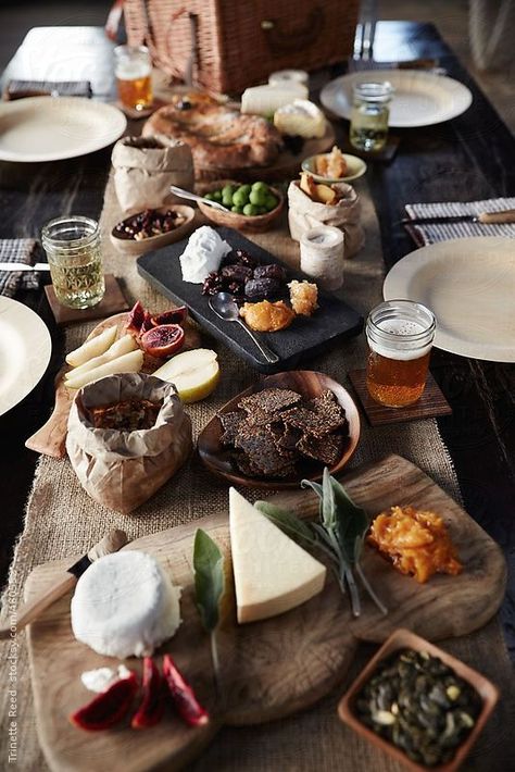 Rustic Picnic Dinner Party On Wood Table" by Stocksy Contributor "Trinette Reed Picnic Dinner Party, Rustic Picnic, Picnic Dinner, Food Menu Design, Charcuterie And Cheese Board, Food Platters, Wedding Food, Food Menu, Christmas Dinner