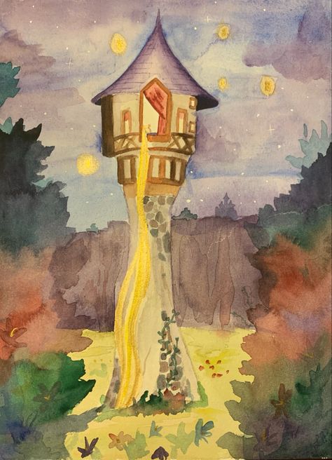 Random Watercolor Paintings, Rapunzel Watercolor Paintings, Rapunzel's Tower Drawing, Rapunzel Watercolor Art, Tangled Castle Drawing, Disney Watercolor Paintings Easy, Fairytale Painting Easy, Tangled Watercolor Painting, Disney Watercolor Art