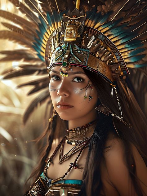 Aztec Princess Art, Aztec Warrior Princess, Aztec Princess Tattoo Warriors, Aztec Headdress Drawing, Aztec Royalty, Aztec Pyramids, Aztec Artwork, Aztec Civilization, Aztec Decor