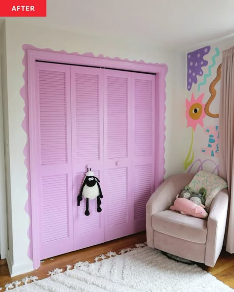 Pink And Purple Kids Room, Louvered Closet Doors, Laura Gummerman, Mom Room, Tree Bedroom, Bright Paint Colors, Painted Closet, Bright Paint, Bifold Closet Doors