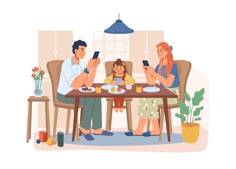 Smartphone addiction family with smartph... | Premium Vector #Freepik #vector #phone-addiction #internet-addiction #texting #using-phone Dinner With Parents, 가족 일러스트, Child Phone, 2d Cartoon, Aesthetic Cartoon, Creative Infographic, Infographic Design Template, Kids Background, Family Cartoon