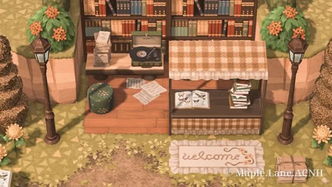 Acnh Cottagecore Pattern, Cottagecore Yard Acnh, Reading Area Animal Crossing, Animal Crossing Outdoor Library Ideas, Acnh Outdoor Bookstore, Acnh Island Space Filler Ideas, Acnh Mini Library, Large Space Ideas Acnh, Small Spaces Anch