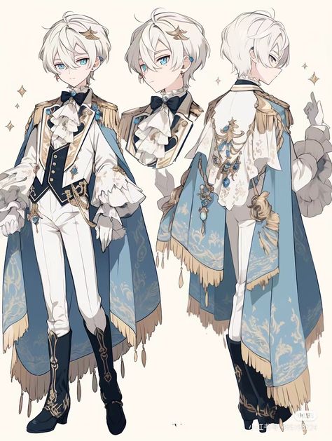 Butler Character Design Male, Prince Outfits Royal Drawing, Fancy Royal Outfits Male, White Royal Outfit Male, Prince Clothes Royal Drawing, Genshin Ocs Male, Light Blue Fantasy Outfit Male, Prince Clothes Drawing, Fancy Outfits Male