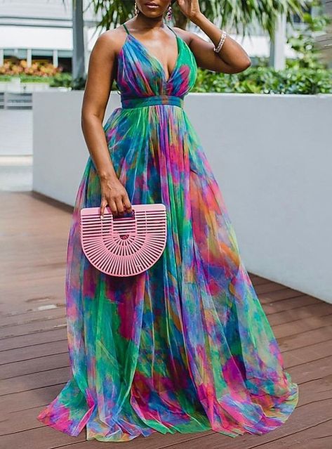 Mesh Prom Dress, Maxi Dress Outfit, Prom Dresses Sleeveless, Boho Summer Dresses, Sling Dress, African Dresses For Women, Summer Party Dress, Dyed Dress, Tie Dye Dress