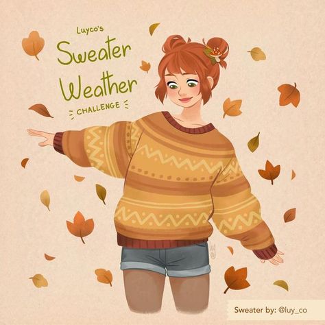 Luisa Sipia on Instagram: "It’s time for a lighthearted drawing challenge! 🎉 To celebrate the arrival of fall, I cooked up this little challenge and there’s some prizes to be won! So lemme explain what this is all about. ✨ See that girl in the drawing? I want you to draw your own version of that sweater she’s wearing and you can do so either in a digital format or with traditional mediums such as pencils, ink, watercolors or whatever you like! The challenge will last all the way to the end of Autumn Outfits Illustration, Animal In Sweater Drawing, Sweater Art Drawing, Big Sweater Drawing, Sweater Drawing Reference, Draw Sweater, Autumn Season Drawing, Jumper Drawing, Sweaters Drawing