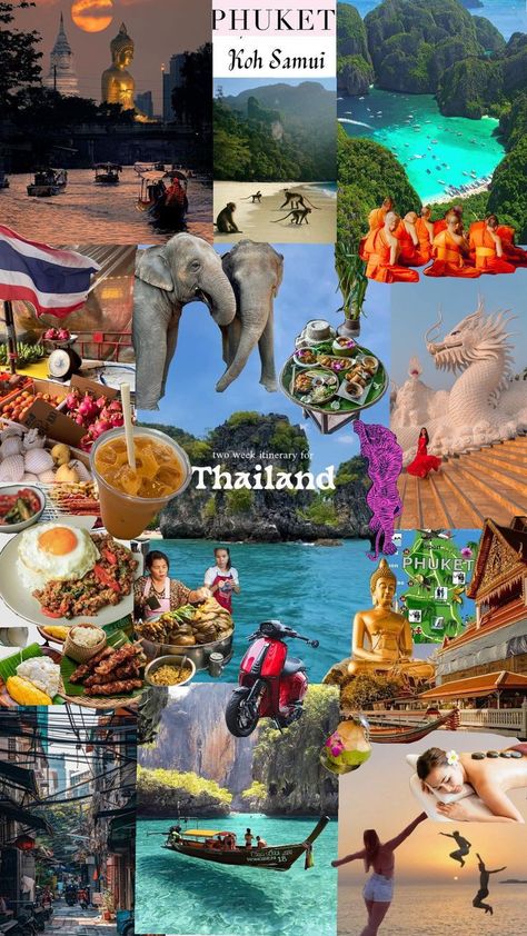 Thailand Vision Board, Puckett Thailand, Thailand Collage, Pukhet Thailand, Phuket Aesthetic, Bangkok Thailand Aesthetic, Phuket Thailand Aesthetic, Vacation Thailand, Phuket Thailand Travel