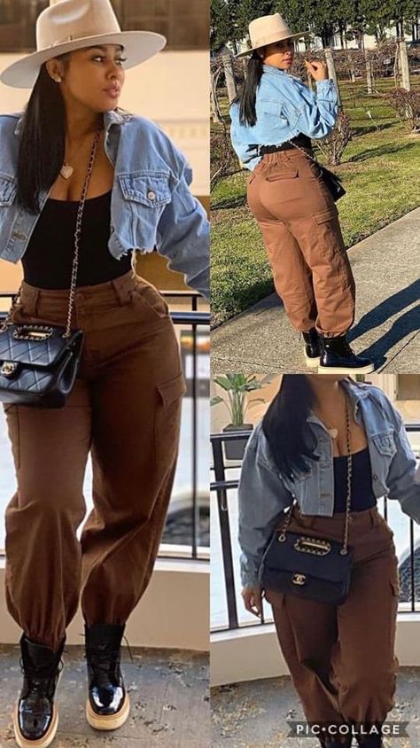 Cargo Pants Denim Jacket, Trousers Styling, Cargo Pants Denim, Brown Trousers, Trendy Outfits Winter, Pants Denim, Looks Black, My Outfit, Mode Inspo