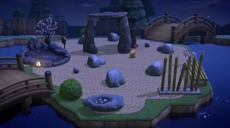 Acnh Zen Garden, River Design, Japanese Rock Garden, Zen Rock Garden, Country Fences, Art Galleries Design, Animal Crossing Guide, Animal Crossing Wild World, Island Theme