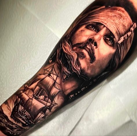 Jack Sparrow Portrait Tattoo, Captain Jack Sparrow Tattoo Design, Jack Sparrow Tattoo Design, Jack Sparrow Tattoo Ideas, Captain Jack Sparrow Tattoo, Captain Tattoo, Jack Sparrow Tattoo, Pirates Of The Caribbean Tattoo, Johnny Depp Tattoos