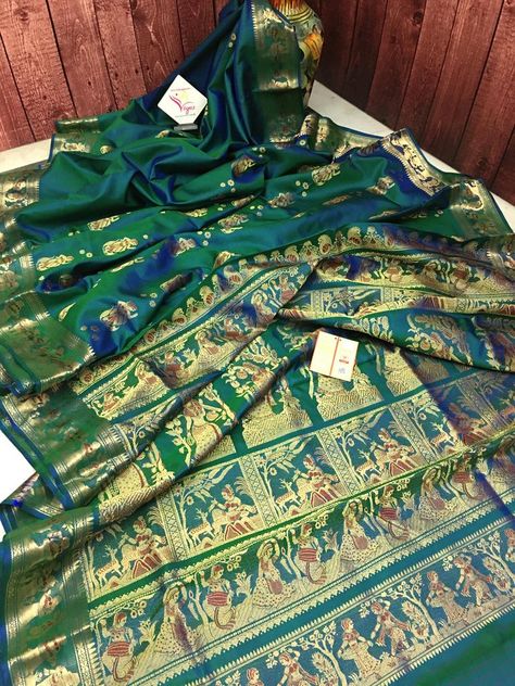 Mallard Color Pure Baluchari Silk Mark Saree Baluchari Saree Silk, Phulkari Saree, Baluchari Saree, Kasavu Saree, Sambalpuri Saree, Kantha Sarees, Indian Illustration, Fashion Sarees, Indian Flowers