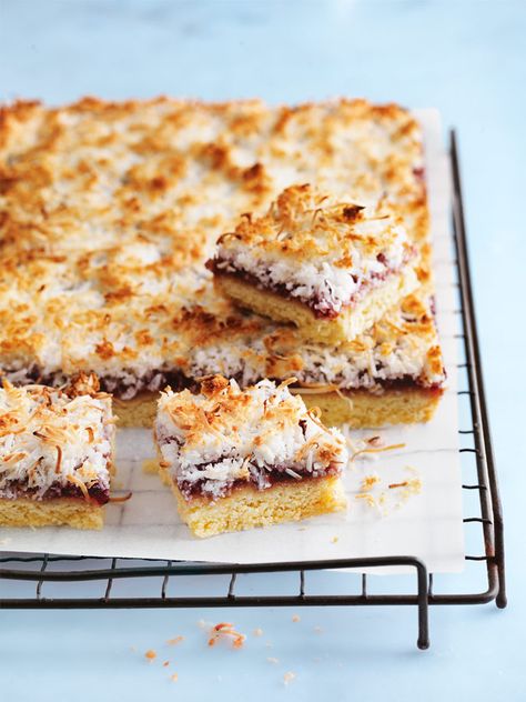 coconut raspberry slice Coconut Jam Slice Recipe, Raspberry Jam Coconut Slice, Coconut Jam Tarts, Jam Biscuits Recipe, Coconut Tarts Recipe, Morning Tea Ideas, Jam Slice, Jam Squares, Coconut Tart Recipe