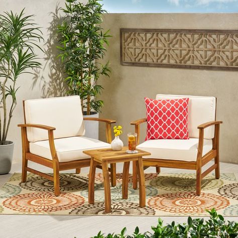 Danielle Outdoor Acacia Wood 2 Seater Chat Set with Cushions, Teak and Cream Conversation Seating, Outdoor Seating Set, Cream Cushions, Relaxing Places, Green Cushions, Wood Patio, Pool Furniture, Christopher Knight, Patio Spaces