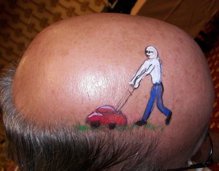 Lawn mowing bald head Bald Head Face Paint, Bald Head Painting, Bald Head Tattoo, Paint Butterfly, Bald People, Adult Face Painting, Bald Guy, Mowing The Lawn, Painting Faces