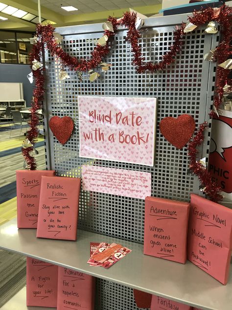 Library Decorations: Library End Cap: Blind Date with a Book for Valentines Day Library End Cap Displays, Valentine Library Bulletin Board Ideas, Valentine’s Day Library Display, Library Valentines Day Bulletin Boards, Valentines Book Display, Valentines Day Library Displays, Valentines Library Display, Library Valentines Display, Library Valentines Day