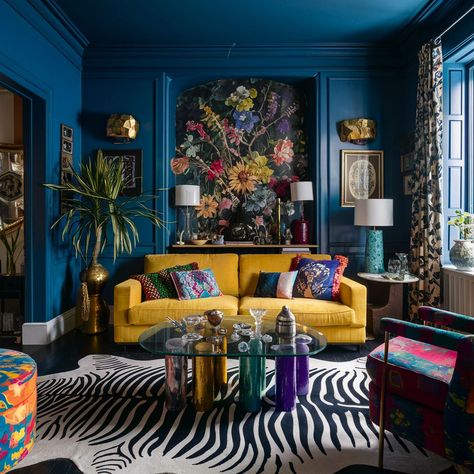 Blue Couch Living Room Maximalist, Maximist Decor Living Room, Bright Colour Living Room Decor, Zebra Rug Living Room, Dopamine Aesthetic, Tiger Background, Happy Decor, Maximalist Living Room, Celebrity Home