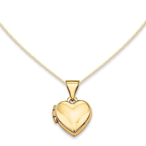 Simple and sleek, this darling locket pendant is a meaningful safe-keeper for special treasures. Fashioned in warm 14K gold, this heart-shaped locket features a bright buffed finish and opens to reveal space for a pair of small photos or mementos. A look she'll love and appreciate, this locket is polished to a brilliant shine and suspends freely along an 18.0-inch rope chain that secures with a spring-ring clasp. Victoria Kay, Zales Jewelry, Gold Heart Locket, Silver Jewelry Box, Heart Locket Necklace, Necklace Clasps, Gold Locket, Necklace Heart, Jewelry Lookbook