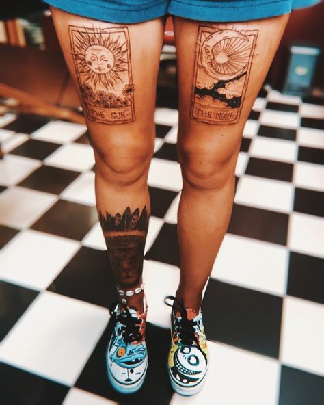 Tarot Card Patchwork Tattoo, Tarot Card Tattoo Unique, Tarot Card Tattoo Thigh, Thigh Tarot Tattoo, Sun And Moon Tarot Card Tattoo Simple, Tarot Tattoos For Women, Tarot Card Tattoo Placement, The Sun Tarot Card Tattoo, Ticket Tattoo